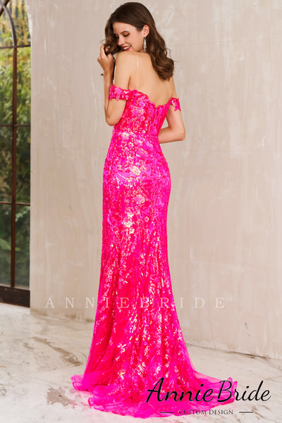 Cute Mermaid Off the Shoulder Hot Pink Lace Sequins Prom Dress with Slit AB4010705