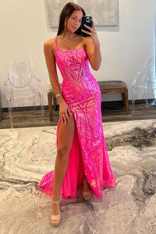 Fuchsia One Shoulder Sequins Lace Mermaid Long Prom Dress AB4021802