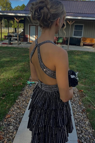 Cute A Line V Neck Black Satin Tiered Homecoming Dress with Hot Stone AB25093008