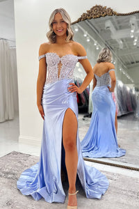 Mermaid Off the Shoulder Lavender Satin Long Prom Dresses with Slit AB25031608