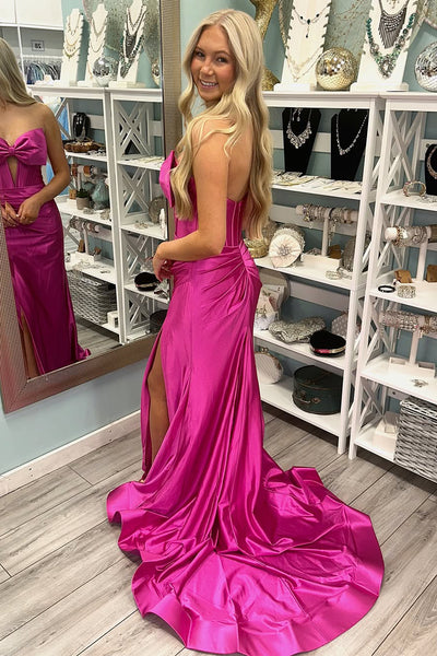 Cute Mermaid Strapless Pink Satin Slit Prom Dress AB25010408