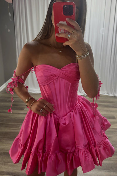Cute A Line V Sweetheart Hot Pink Satin Homecoming Dress AB26070508