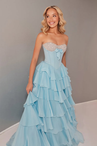 Cute A Line Sweetheart Light Blue Chiffon Tiered Prom Dress with Beading AB26040512
