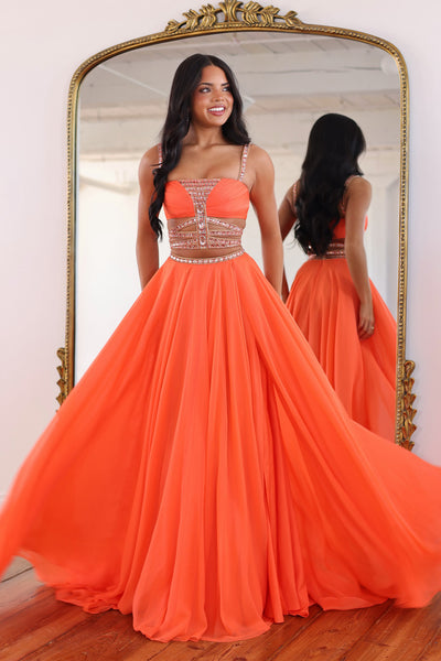 Charming A Line Straps Orange Chiffon Prom Dress with Beading AB26102804