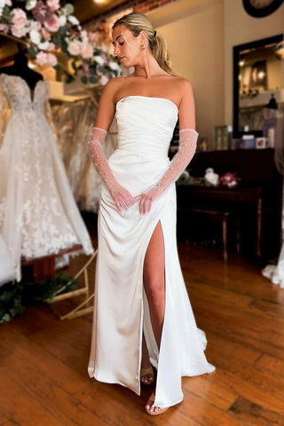 Mermaid Strapless White Satin Wedding Dresses with Slit AB4022203