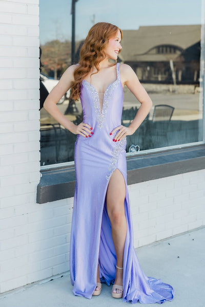 Sparkly Mermaid V Neck Lilac Hot Fix Satin Prom Dress with Slit AB021510