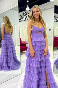 Sweetheart Keyhole Lilac Ruffle Tulle Long Prom Dress with Slit AB4041201