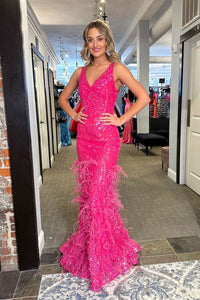 Mermaid V Neck Fuchsia Sequins Lace Long Prom Dress with Feather AB4042903