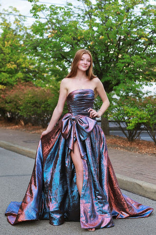 Fashion Ball Gown Strapless Sparkly Satin Long Prom Dresses AB24102304