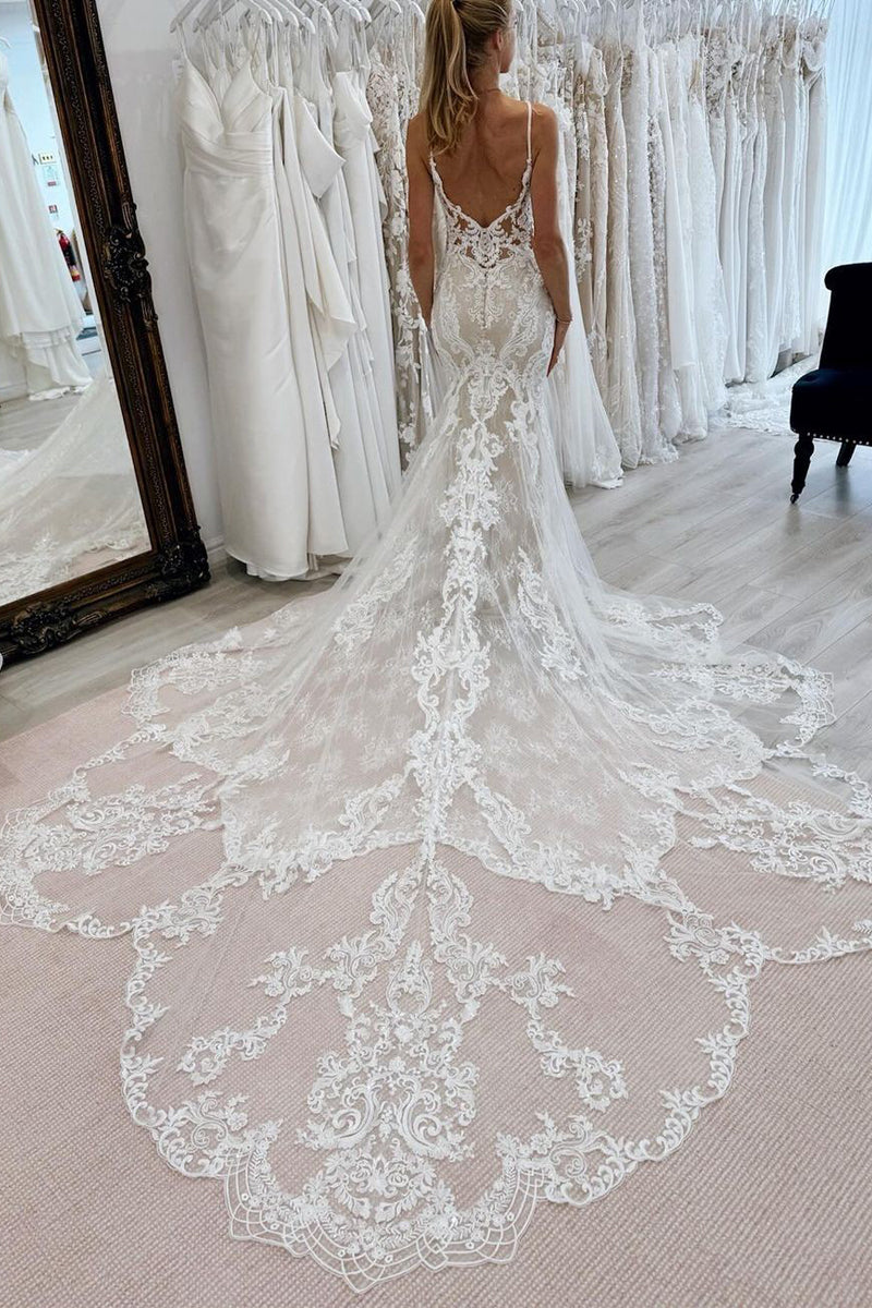 Mermaid V Neck Lace Wedding Dress with Appliques AB4060803 Mermaid V Neck Lace Wedding Dress with Appliques AB4060803