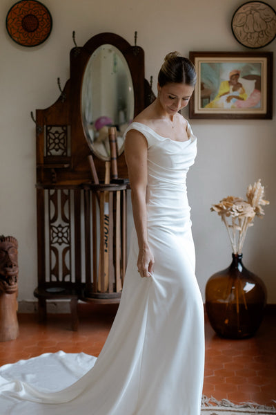 Boho Mermaid Off the Shoulder Satin Wedding Dress AB26102710