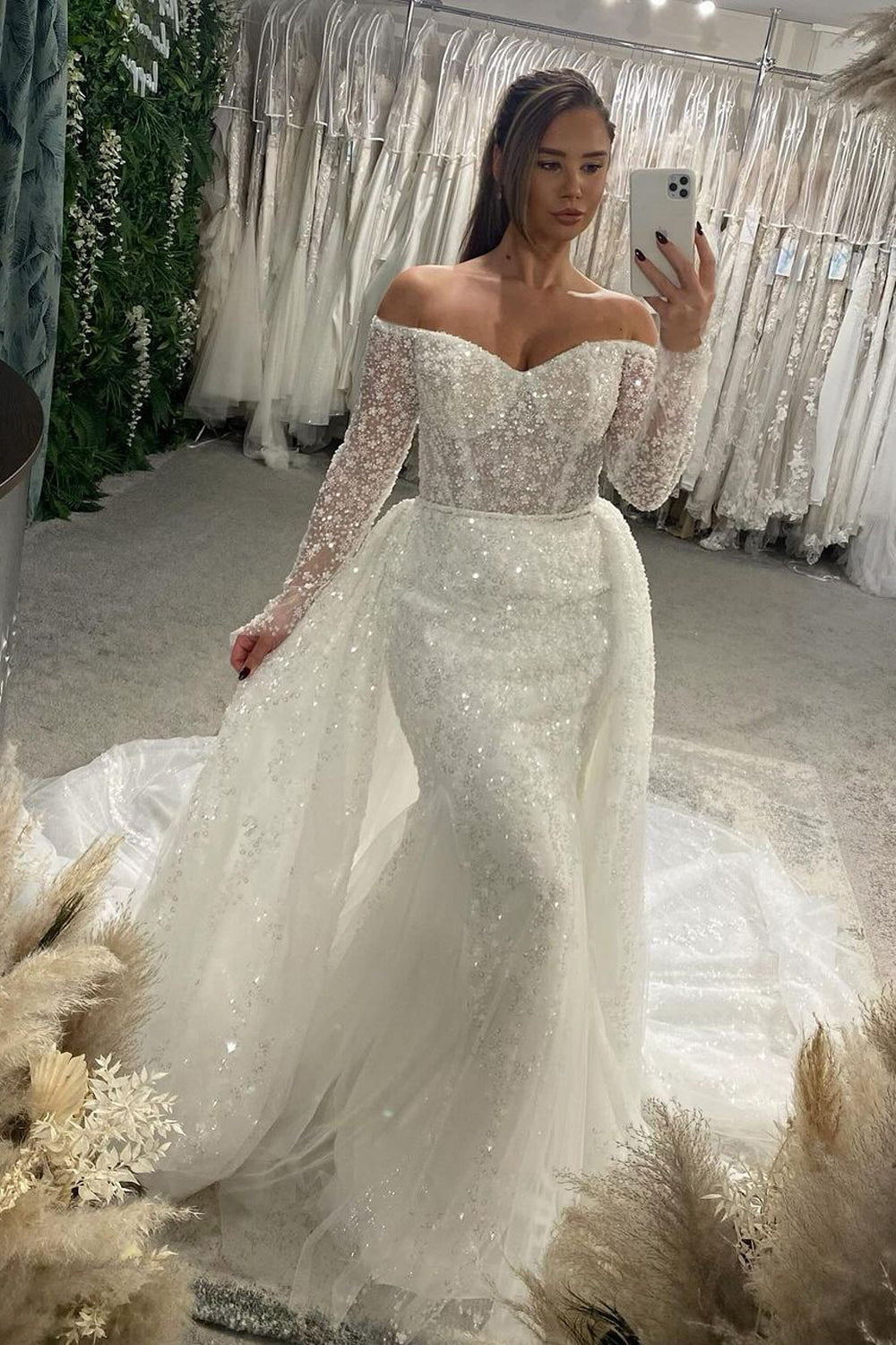 Gorgeous Mermaid Off the Shoulder Glitter Sequins Lace Bridal Dresses with Sleeves Gorgeous Mermaid Off the Shoulder Glitter Sequins Lace Bridal Dresses with Sleeves