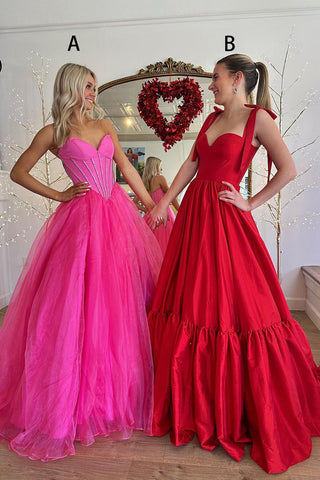 Red Sweetheart Satin A-Line Long Prom Dresses AB4022605