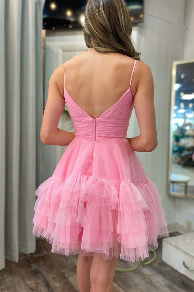 Cute A Line V Neck Pink Tulle Short Homecoming Dresses AB071903