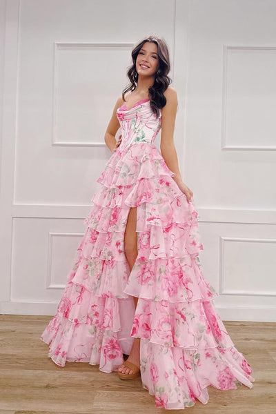Cute A Line Sweetheart Pink Floral Chiffon Long Prom Dress with Slit AB32122907
