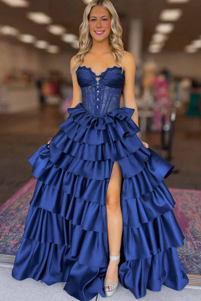 A Line Sweetheart Navy Satin Tiered Slit Prom Dress AB26102907