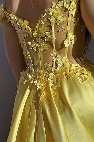 A-Line Off the Shoulder Yellow Satin Long Prom Dresses with Slit AB25032403