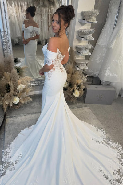 Elegant Mermaid Off the Shoulder Elastic Satin Wedding Dress with Appliques AB26010401