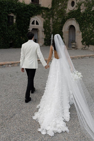 Fairy A Line V Neck Tulle Long Wedding Dresses with 3D Appliques ABWD061816