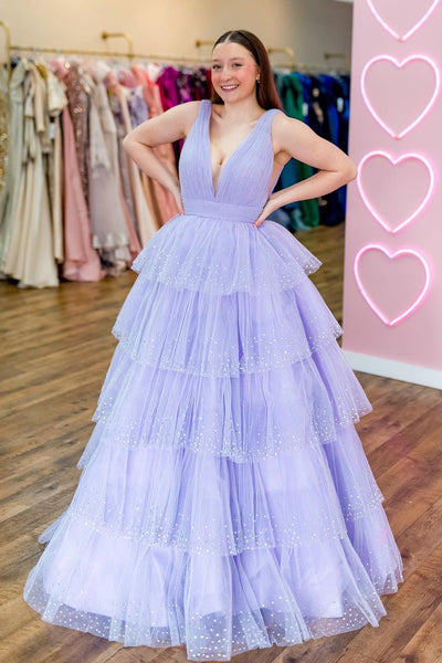 Sparkly A Line V Neck Lavender Ruffle Tiered Long Prom Dress with Beading AB4032202