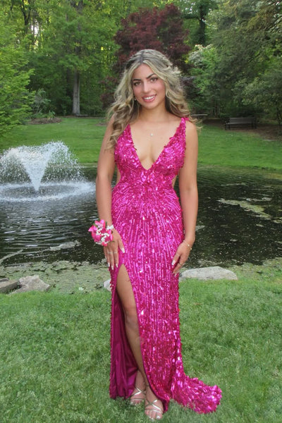 Sparkly Mermaid V Neck Fuchsia Sequins Lace Prom Dress with Slit AB26052606