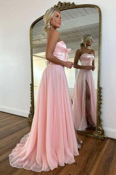 Cute A Line Strapless Light Blue Chiffon Long Prom Dress with Slit AB2622804