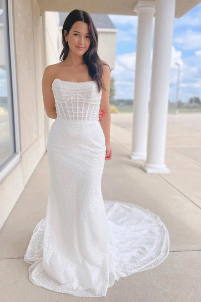 Sparkly Mermaid Scoop Neck Sequins Wedding Dress AB25120309