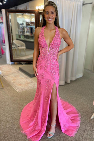 Cute Mermaid V Neck Long Prom Dresses with Appliques AB24102303