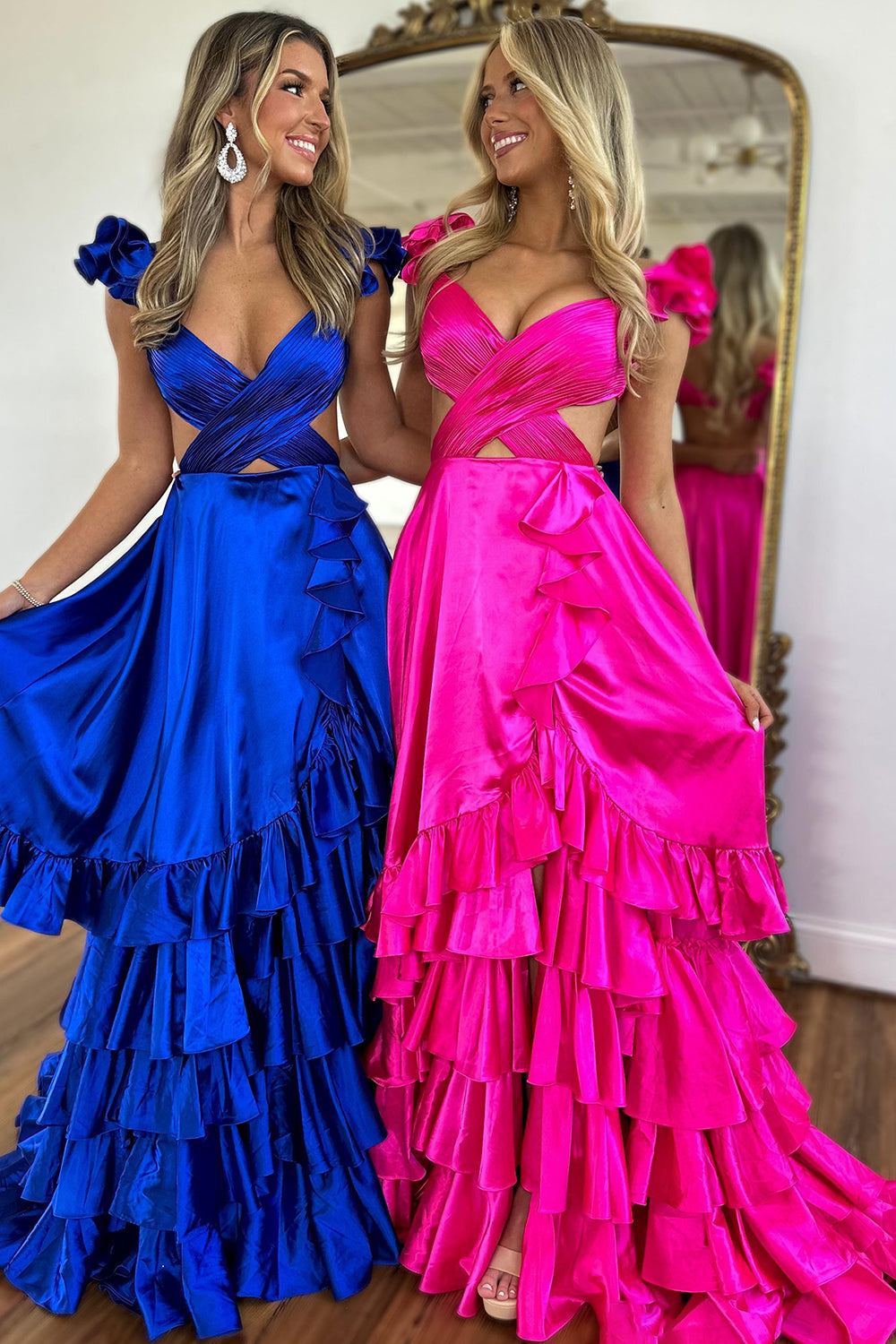 Fashion A Line V Neck Fuchsia Satin Long Prom Dresses with Slit AB24102104