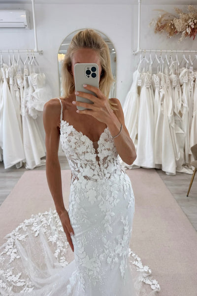 Bohemian Mermaid V Neck Lace Wedding Dress with Appliques AB26061410