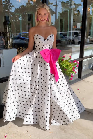 Cute A Line Sweetheart White Black Dot Long Prom Dress with Bow AB25102601