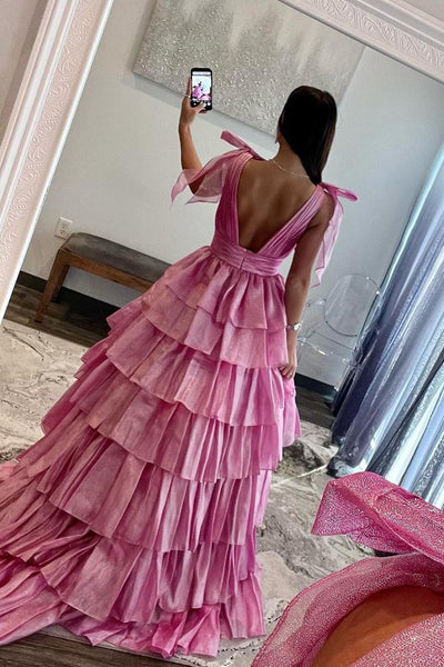 Cute Ball Gown V Neck Pink Sparkly Organza Prom Dresses AB111804