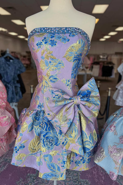 Fashion A Line Strapless Jacquard Satin Homecoming Dress with Bow AB26062804