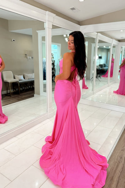 Charming Mermaid V Neck Pink Satin Prom Dress AB25111403