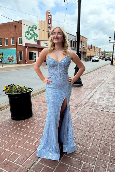 Cute Mermaid V Neck Blue Sequins Slit Prom Dress with Beading AB26031305