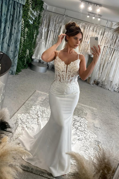 Elegant Mermaid V Neck Elastic Satin Wedding Dress with Appliques AB26060101