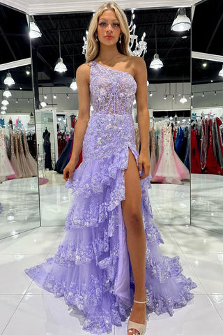 Cute A Line One Shoulder Lilac Ruffle Long Prom Dress with Appliques AB4031701