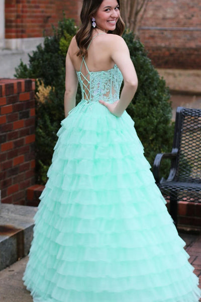 Cute A Line V Neck Mint Tulle Tiered Prom Dress AB120405