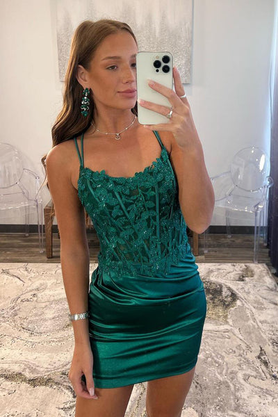 Cute Bodycon Scoop Neck Dark Green Satin Homecoming Dresses with Appliques AB072902