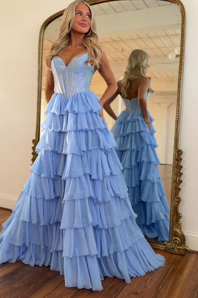 Cute A Line V Neck Blue Tiered Chiffon Long Prom Dress with Hot Fix AB26020311