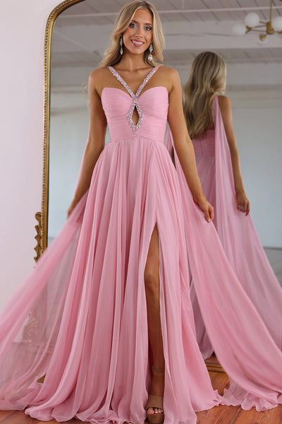 A Line V Neck Blush Pink Chiffon Long Prom Dress with Beading AB26102104