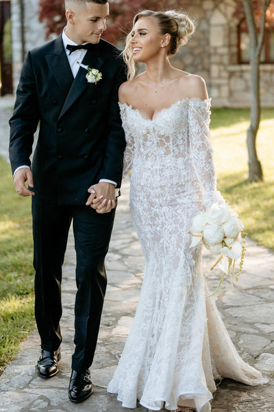 Boho Mermaid Off the Shoulder White Lace Long Wedding Dress AB26101607