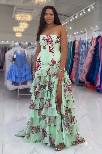 Mermaid Strapless Floral Chiffon Green Tiered Prom Dress AB25101402