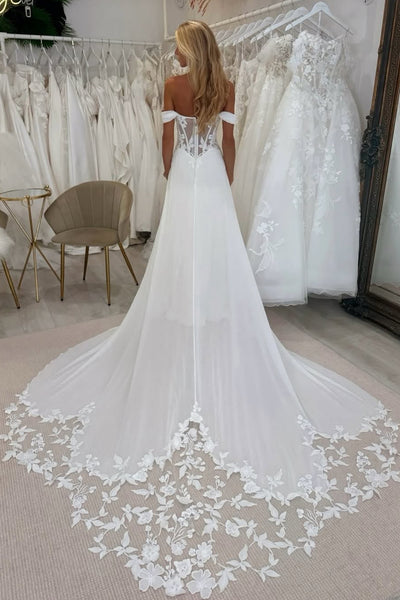 Bohemian A Line Off the Shoulder Chiffon Beach Wedding Dress with Appliques AB26011308