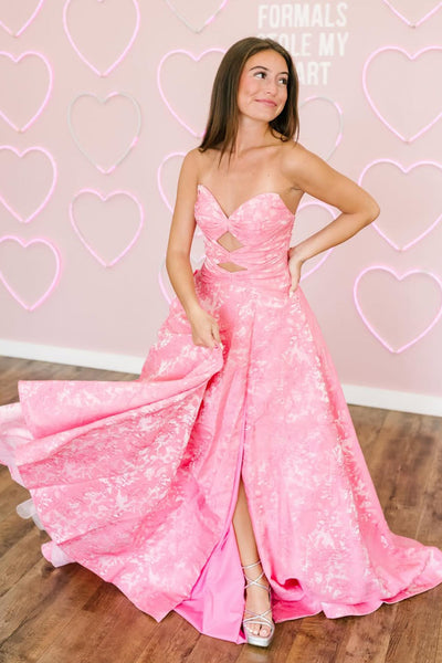 A Line Sweetheart Keyhole Pink Floral Printed Satin Long Prom Dress with Slit AB25112301