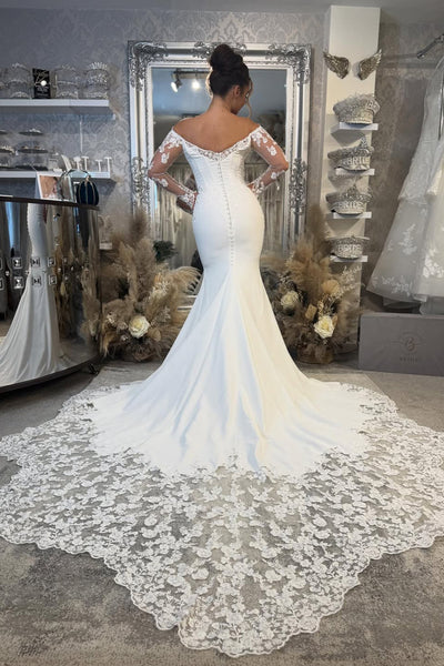 Elegant Mermaid Off the Shoulder Satin Prom Dress with Appliques AB25111806