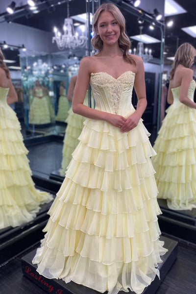 Cute A Line Sweetheart Daffodil Tiered Chiffon Prom Dress with Appliques AB26020306