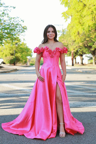 Cute A Line Off the Shoulder Pink Satin Long Prom Dresses with Slit AB24110213