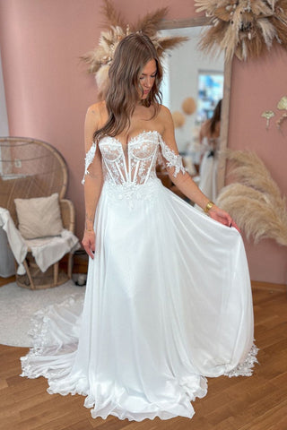Fairy A Line Off the Shoulder Chiffon Long Bridal Dresses with Appliques AB24110101