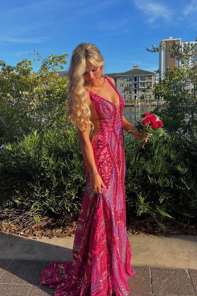 Sparkly Mermaid Deep V Neck Blue & Gold Sequins Lace Long Prom Dresses AB101001